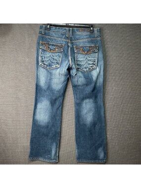 Blac Label Men's 36 Denim Jeans Bling Studded Flap Pocket Baggy Embroidered Y2K